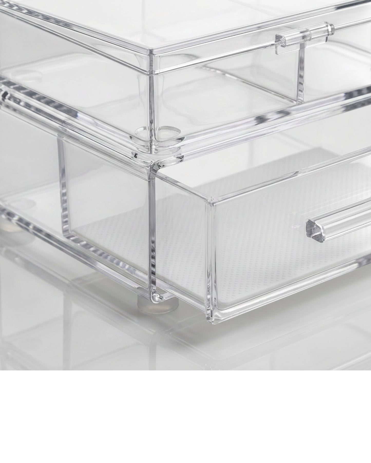 Bannd Clear Acrylic Modular Cosmetic Organizer with 2 Drawers and Hinged-Lid Upper Module - Detail view