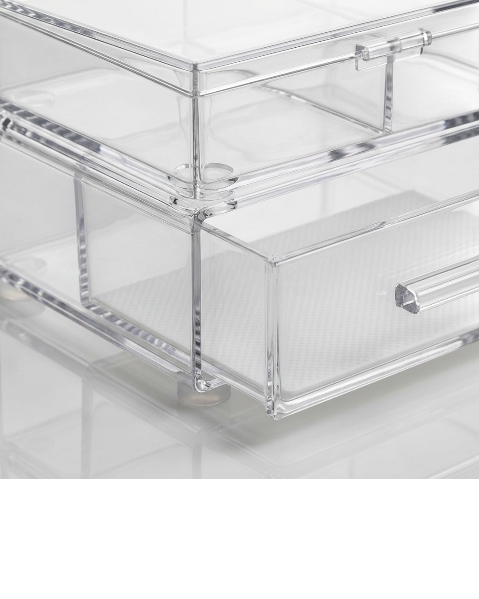 Bannd Clear Acrylic Modular Cosmetic Organizer with 2 Drawers and Hinged-Lid Upper Module - Detail view