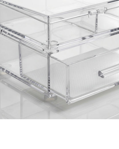 Bannd Clear Acrylic Modular Cosmetic Organizer with 2 Drawers and Hinged-Lid Upper Module - Detail view