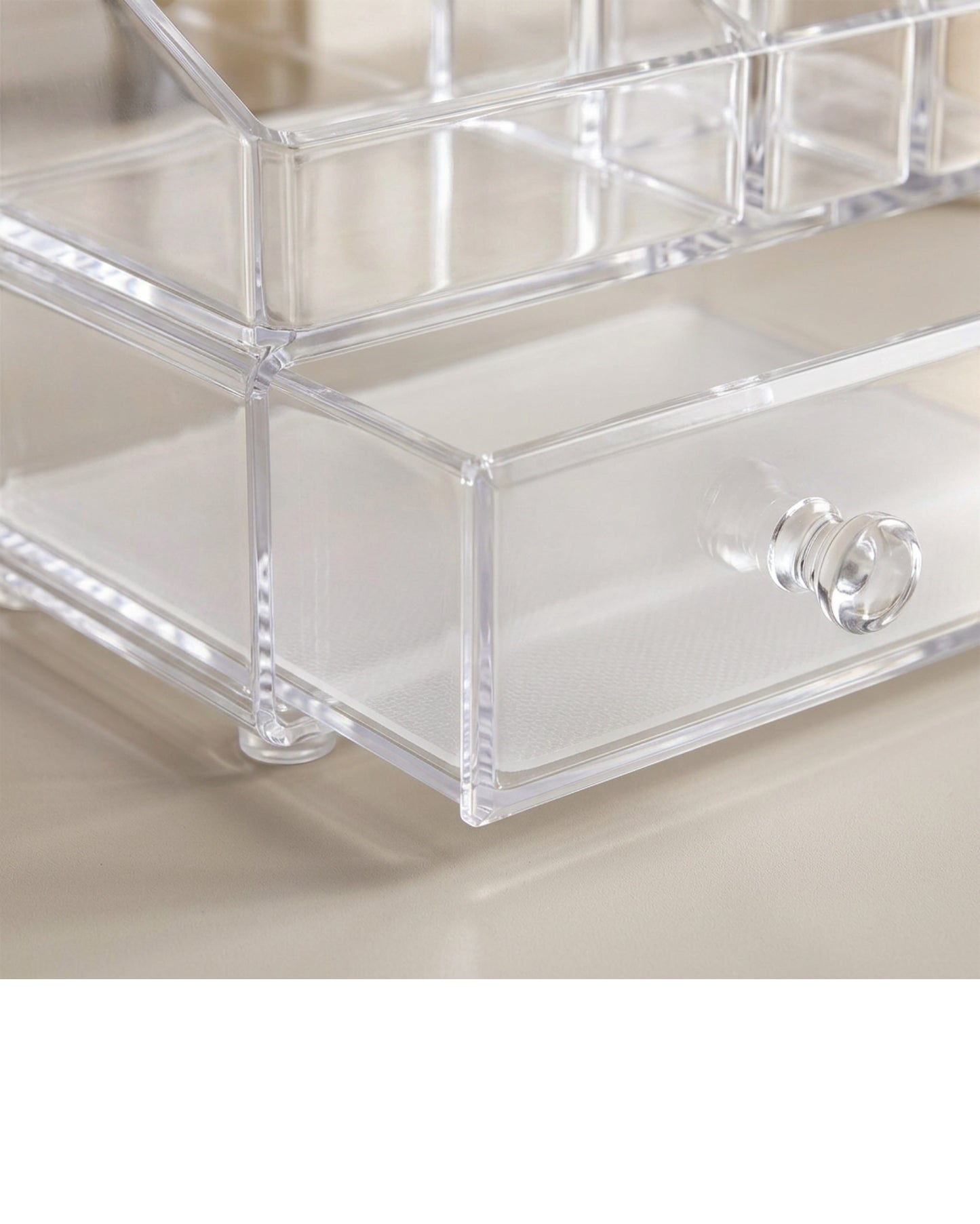 Bannd Clear Acrylic Cosmetic Organizer with 3 Drawers and 12 Upper Compartments - Detail view