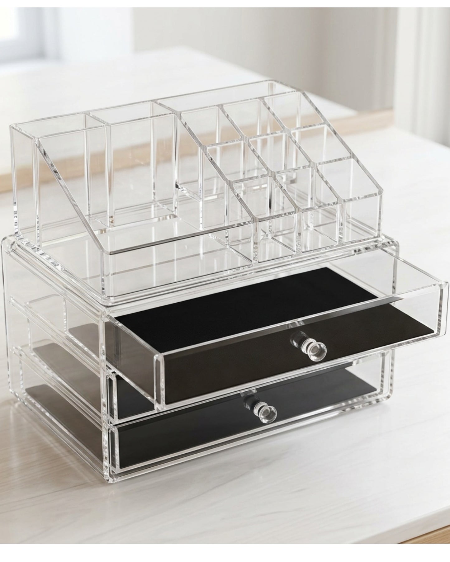 Bannd Clear Acrylic Cosmetic Organizer with 3 Drawers and 12 Upper Compartments - Lifestyle view