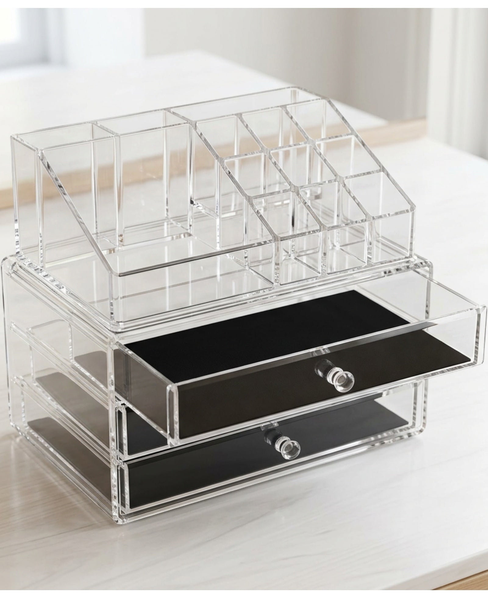 Bannd Clear Acrylic Cosmetic Organizer with 3 Drawers and 12 Upper Compartments - Lifestyle view